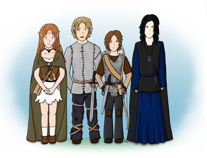 Dessin des quatre personnages principaux de mon roman Sechora: Les Disciples de Nacci.