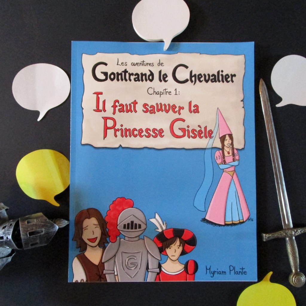 La bande dessinée Gontrand le Chevalier, entourée de bulles de BD, d'un petit chevalier et d'une mini épée.