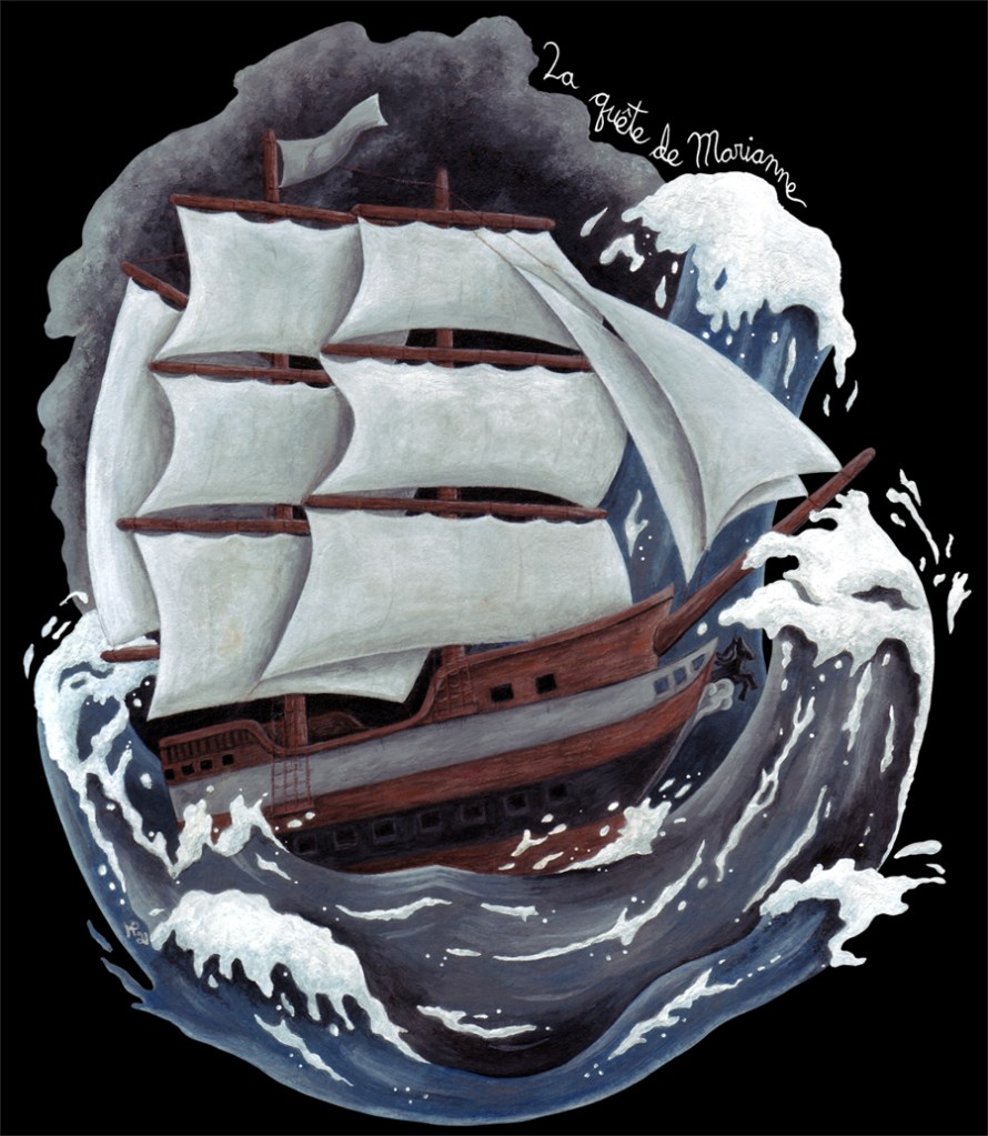 Une illustration qui montre le navire Le Noble Coursier, pris dans une tempête.