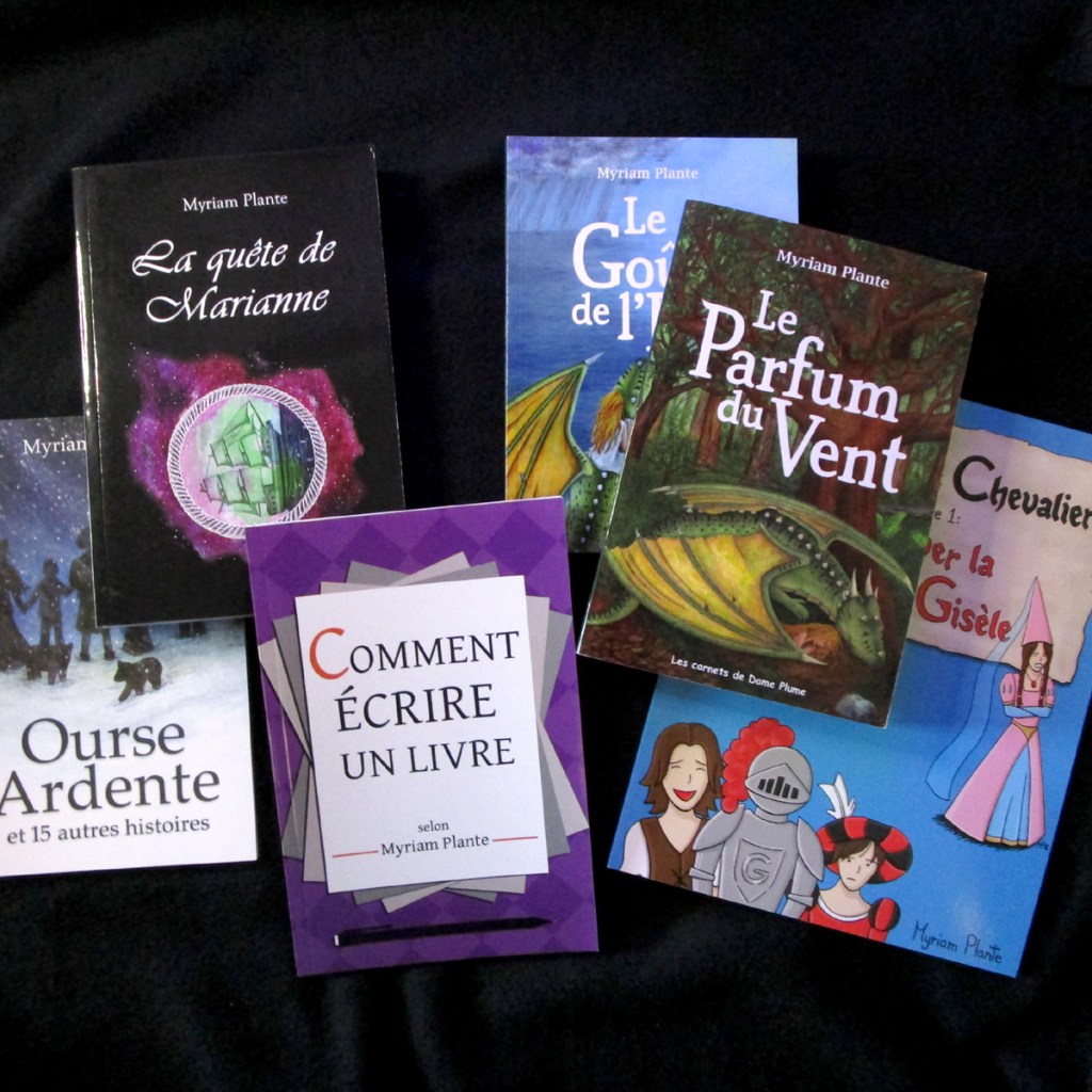 Quelques-uns des livres de Myriam Plante, devant un fond noir.