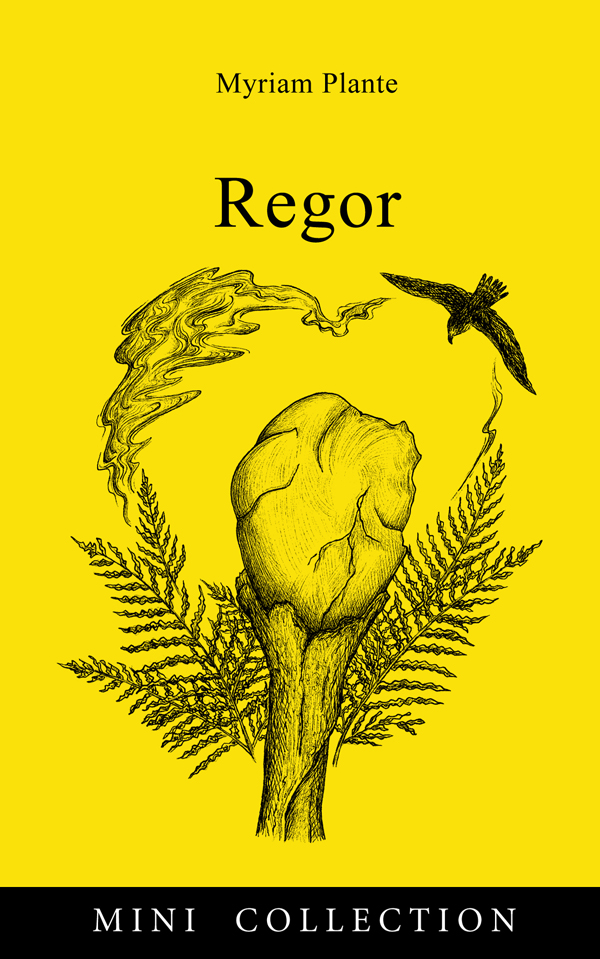 Page couverture du livre Regor. Un bâton magique, des fougères et un oiseau sont dessinés sur un fond jaune.