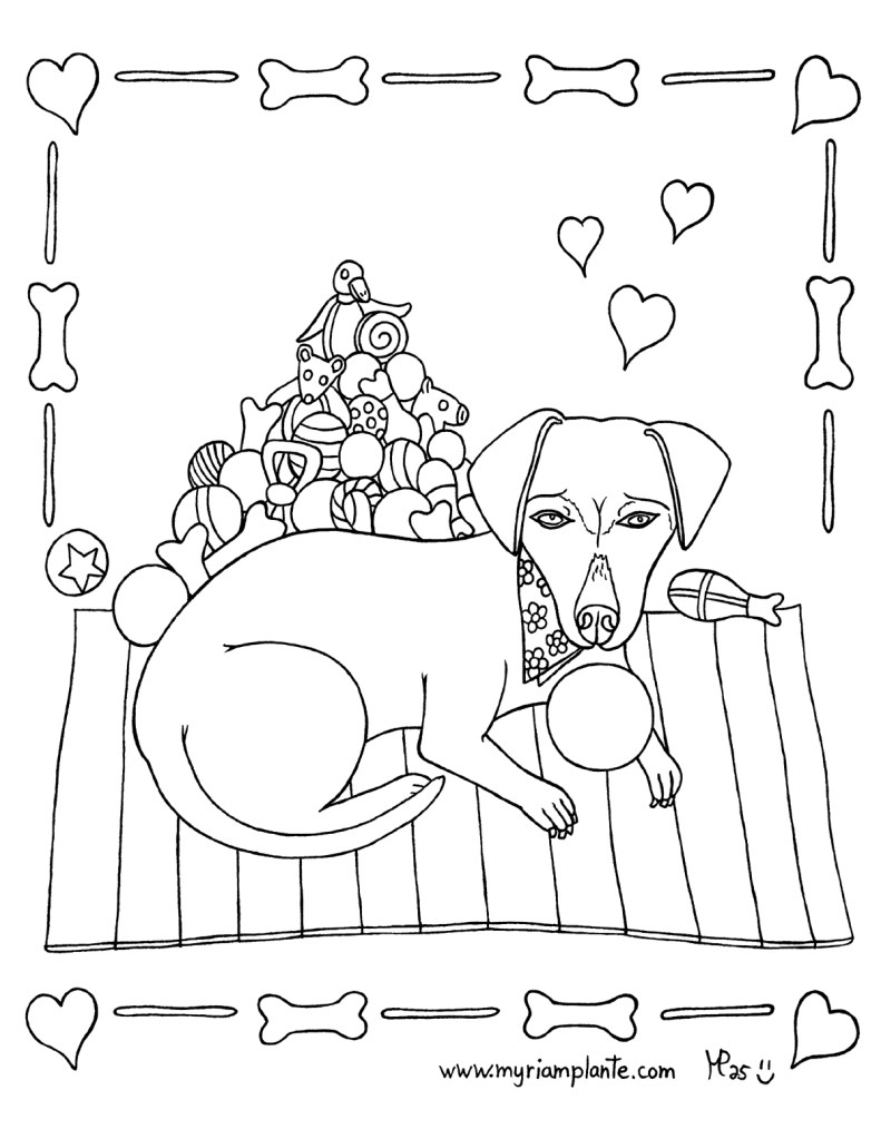 Dessin à colorier montrant un petit chien couché devant une montagne de jouets.