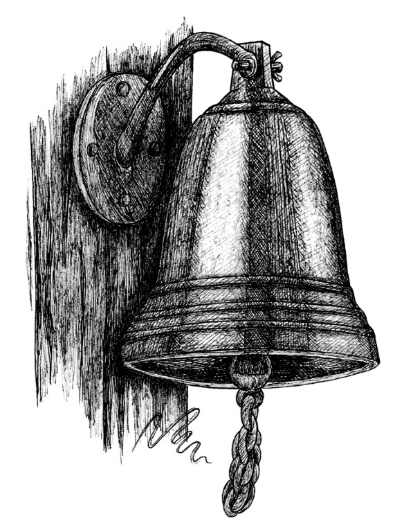 Dessin hachuré montrant une cloche de navire
