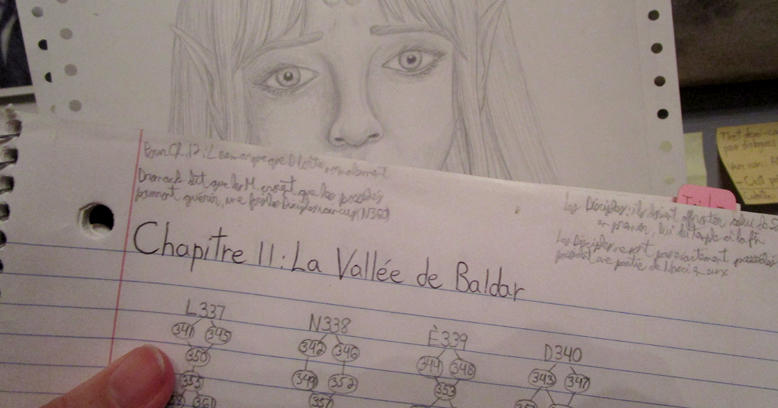 Un cahier cache en partie le dessin d'Ève, personnage de Sechora qui a des oreilles pointues.